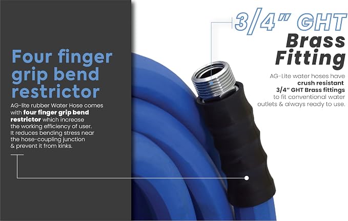 AG-LITE BSAL5875 5/8" x 75'' Hot/Cold Water Rubber Garden Hose, 100% Rubber, Ultra-Light, Super Strong, 500 PSI, 50F to 190F Degrees, High Strength Polyester Braided