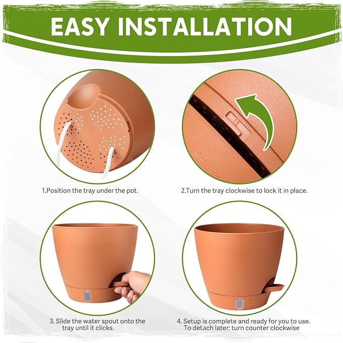 8 Inch Self Watering Pots for Indoor Plants, Plastic Planters with Deep Reservoir & Drainage Holes, Flower Pots for Monstera, Snake Plant & Peace Lily, Worry-Free Vacation Care (Terra Cotta, 8 inch)