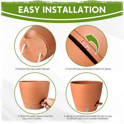 8 Inch Self Watering Pots for Indoor Plants, Plastic Planters with Deep Reservoir & Drainage Holes, Flower Pots for Monstera, Snake Plant & Peace Lily, Worry-Free Vacation Care (Terra Cotta, 8 inch)