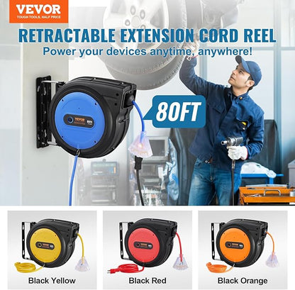 VEVOR 80FT Retractable Extension Cord Reel, 12AWG/3C SJTOW Heavy Duty Power Cord w/Lighted Electrical Triple Tap Outlets, 15A Circuit Breaker,180° Swivel Bracket for Workshop or Garage, Blue