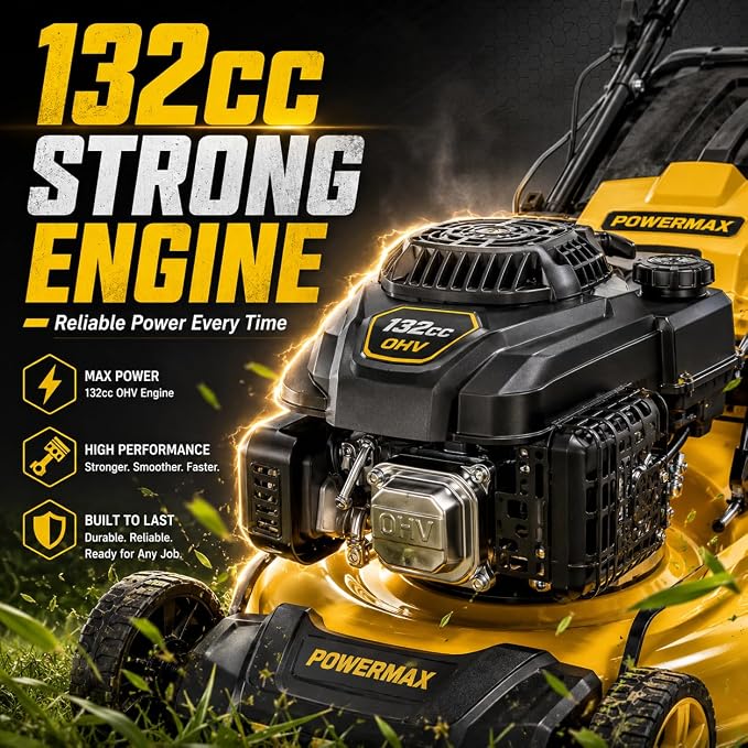 Self Propelled Gas Lawn Mower 16 Inch, 132 cc 4-Cycle Engine, 3-in-1 Rear Wheel Drive Variable Speed Lawn Mower with Mulching, Bagging, Lightweight, Powerful Lawnmower for Garden Yard, Easy Start