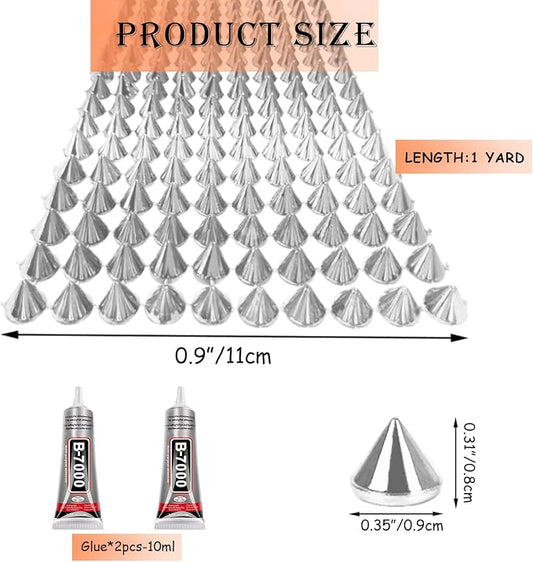 1 Yard Spike for Crafts Stude for Clothing, Silver Spike Stud with Glue, Cone Flatback Plastic Trim Mesh for Holloween Party Decoration Costume DIY Crafts