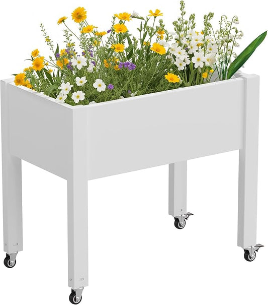 Elevated 26.3" Tall Raised Garden Bed with Wheels - Outdoor Mobile Resin Planter Box with Drainage Holes for Vegetables Flower Herbs, Weather Resistant, Medium Ashen (26.3" h)