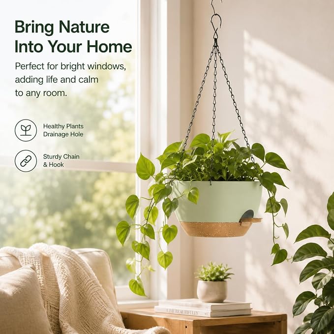 12 Inch Self Watering Hanging Planters 2 Pack, Green Brown | Plastic planters with drainage holes and saucers. Suitable for indoor, outdoor, kitchen, balcony and garden plant decor.