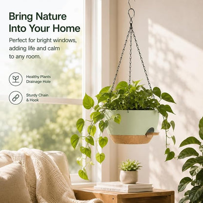 12 Inch Self Watering Hanging Planters 2 Pack, Green Brown | Plastic planters with drainage holes and saucers. Suitable for indoor, outdoor, kitchen, balcony and garden plant decor.