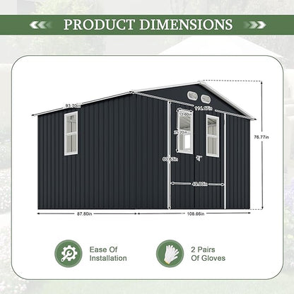 KEIKI Large 8x10 Metal Shed with Four Windows, Lockable Outdoor Storage Shed for Backyard, Tiny House Sheds, Metal Storage Shed for Tools & Equipment, Sheds and Outdoor Storage, Dark Gray