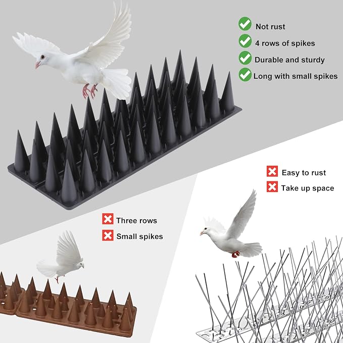 Bird Spikes, 37.3 Feet Bird Guard Spikes for Squirrel Cat Raccoon and Other Small Animals, Pigeon Spikes for Outdoor Fences and Roofs, Durable Plastic Bird Barrier Strips（40 Pack）