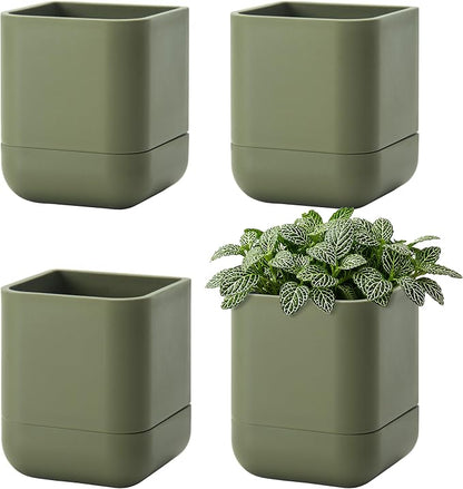 Phoenix Vine 3.5 Inch Wall Mounted Self-Watering Planter Pot for Indoor Houseplants and Herbs | Hanging Planter for Window Sills, Bathroom Walls, Home & Office Décor, Olive, Set of 4, 01-A-F-4