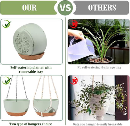 Hanging Planters for Outdoor Indoor Plants, 2 Pack 12 Inch Hanging Basket Plants Outdoor, Self Watering Hanging Planter with Plant Hanger for Garden Home Decoration (Green)