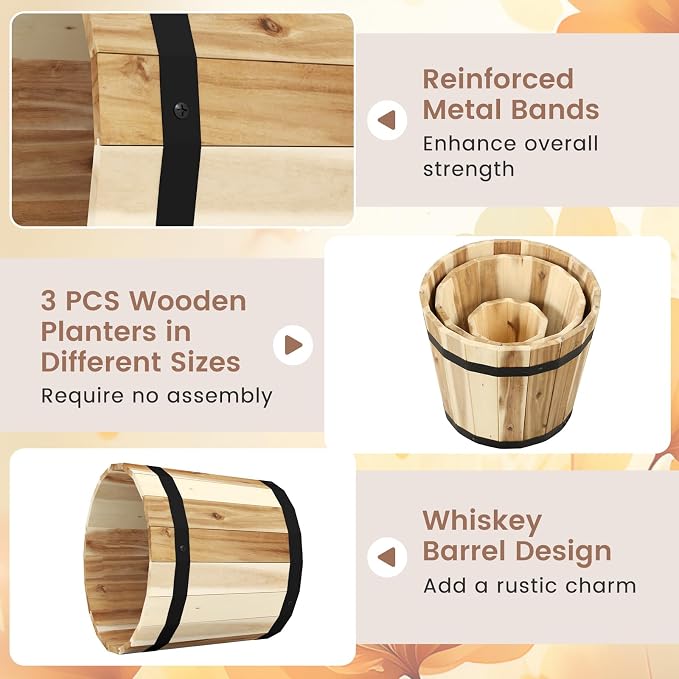 HAPPYGRILL Wooden Plant Pots, 3 Solid Acacia Wood Whiskey Barrel Planters w/Drainage Holes for Flower Herb Shrub, Multi Sizes Indoor Outdoor Patio Planting Flower Pots Home Decoration