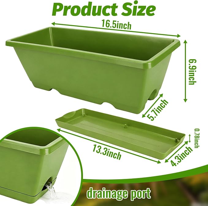 7 Pack Window Box Planters, 17 Inch Plastic Rectangular Flower Pots for Indoor/Outdoor Plants, Herbs, Vegetables, Includes Trowel, Waterproof Mat & Gloves(Light Green)