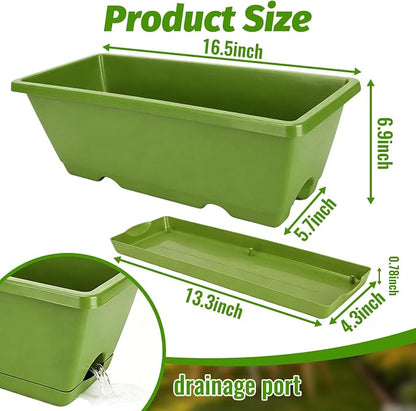 7 Pack Window Box Planters, 17 Inch Plastic Rectangular Flower Pots for Indoor/Outdoor Plants, Herbs, Vegetables, Includes Trowel, Waterproof Mat & Gloves(Light Green)