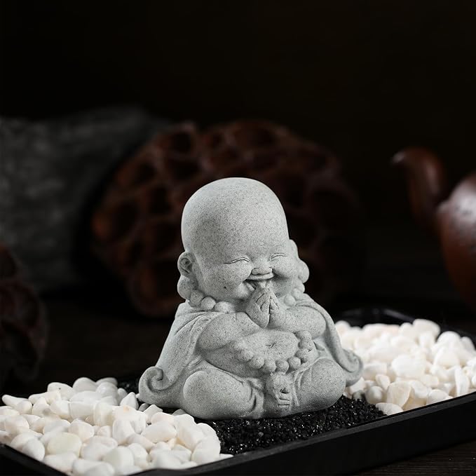 Landical Buddha Sandstone Statues, Zen Monk Praying Statue Sculptures Ornament for Wealth Good Luck Feng Shui Decor Home Office Car Decoration(Prayer Buddha)