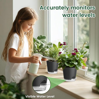 Meowell 6 inch Self Watering Pots for Indoor Outdoor Plants, 3 Pack Flower Plant Pots with Drainage Holes and Clear Reservoirs, Visible Water Level, Plastic Planters with Wicking Rope, Black