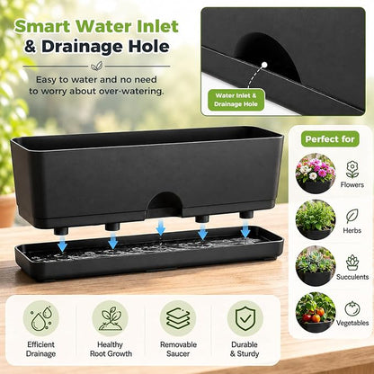 6 Pack Rectangle Planter 16x4.4 Inch Window Boxes Planters Rectangular Window Sill Planters Indoor Self Watering Plant Pots with Drainage Holes and Saucers Succulent Herb Flower Pots, Black