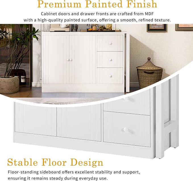 Merax Rustic Buffet Sideboard with Extendable Table, Wood Storage Cabinet with Adjustable Shelves, Multifunctional Coffee Bar for Living Room Kitchen Dining Room White
