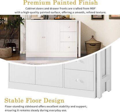 Merax Rustic Buffet Sideboard with Extendable Table, Wood Storage Cabinet with Adjustable Shelves, Multifunctional Coffee Bar for Living Room Kitchen Dining Room White