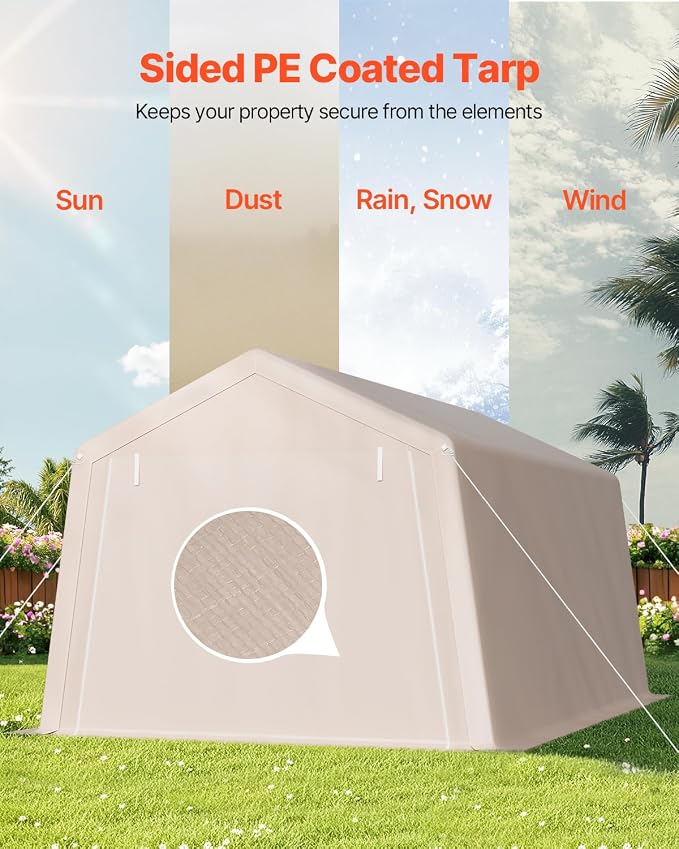 VEVOR 10 x 15 ft Outdoor Storage Shed Tent with Heavy-Duty Steel Frame, 2 Roll-Up Doors & Air Vents, Waterproof Portable Garage Carport Shelter for Motorcycle, Lawn Mower, Garden Tools, Beige