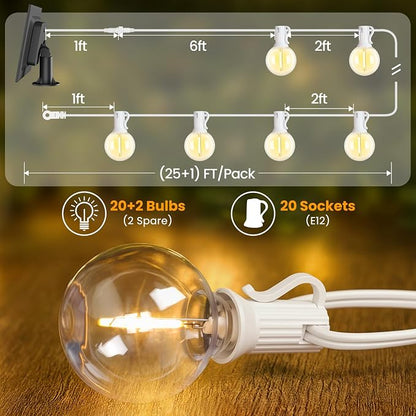 Mlambert 50FT(25FTx2) Solar Powered String Lights Outdoor, Waterproof Patio Light String with 20+2 Shatterproof LED G40 Bulbs for Backyard Garden-White
