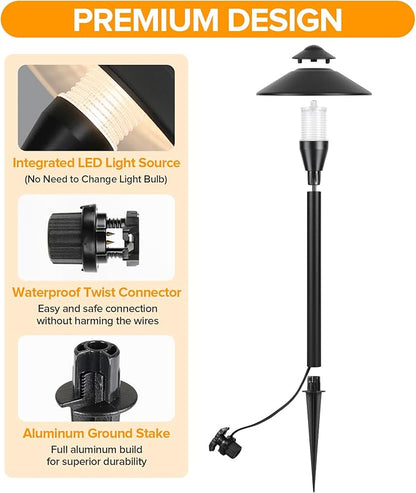 LUTEC 12V Low Voltage Pathway Lights, Die-cast Aluminum Pathway Lights with Connectors，IP65 Waterproof Outdoor Landscape Lighting, 3W 240LM Warm White 3000K for Path, Yard, Garden, 2 Pack