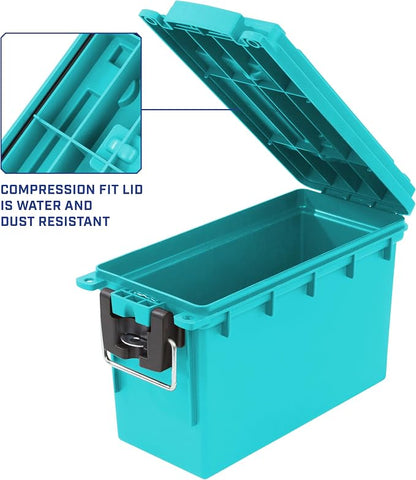 Sheffield 12633 Ammo Storage Box, Stackable .30 Cal Field Boxes, Water and Dust Resistant, Lockable Storage Box with Handle, Secures Hunting Gear, Supplies, and Bullets, Made in USA, Teal,(Pack of 6)