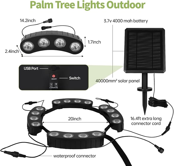 Sublume Solar Tree Lights Outdoor, Upgraded Landscape Lighting with 4000mAh Battery, Warm White LED Ring Palm Tree Lights, 3-in-1 (Stake/Tie/Hang), IP65 Waterproof Spotlights for Flag Pole, Garden