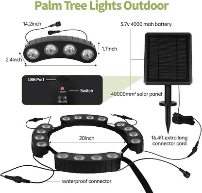 Sublume Solar Tree Lights Outdoor, Upgraded Landscape Lighting with 4000mAh Battery, Warm White LED Ring Palm Tree Lights, 3-in-1 (Stake/Tie/Hang), IP65 Waterproof Spotlights for Flag Pole, Garden