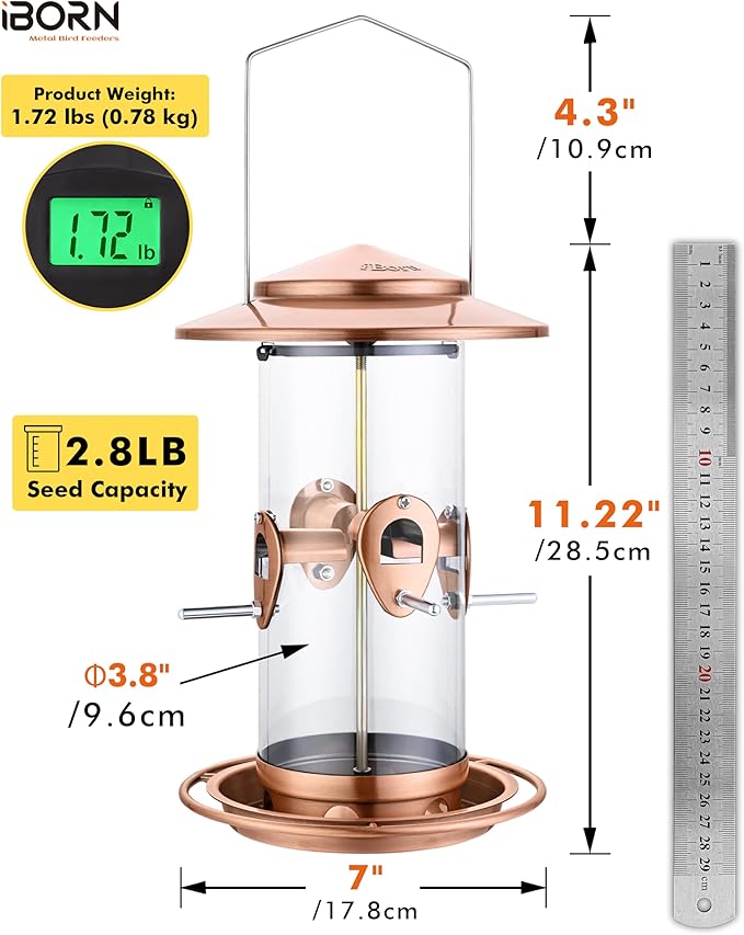 iBorn Metal Bird Feeder for Outside Hanging,Wild Bird Feeders for Cardinal,17.8cm Large Roof&Tray Brushed Copper 10 Port(Seed is not Included)
