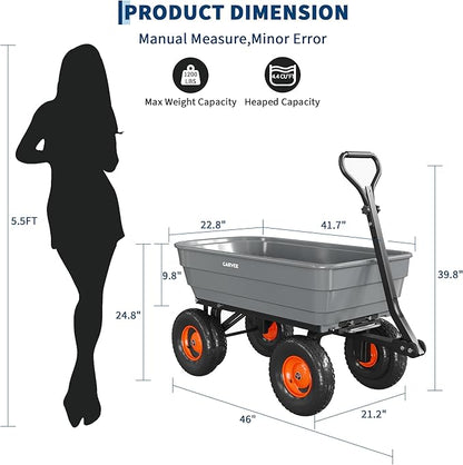 GarveeLife Poly Garden Dump Cart, 1200 lb Wheelbarrow Yard Cart with 13 in Wheels, Quick-Dump & Towable Utility Wagon for Yard, Soil, Rocks（Gray）