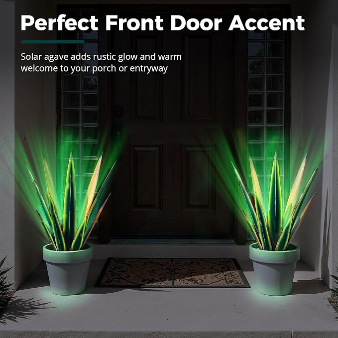 KODIBO 24” Metal Agave Plant Outdoor Decor with Solar Light, Vintage Green | IP65 Waterproof Solar Garden Light, Weather-Resistant Metal, Tequila Rustic Sculpture for Patio Yard Flower Bed, Home Decor
