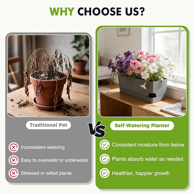 2 Pack Rectangle Self Watering Pots for Indoor Plants 17 Inches Window Boxes Planters Rectangular Flower Pots Herb Large Plant Pots with Drainage Holes and Saucers Windowsill Planter, Grey