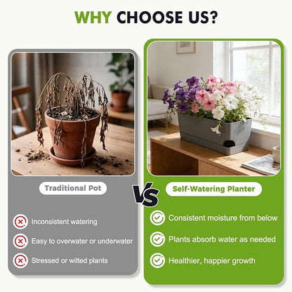 2 Pack Rectangle Self Watering Pots for Indoor Plants 17 Inches Window Boxes Planters Rectangular Flower Pots Herb Large Plant Pots with Drainage Holes and Saucers Windowsill Planter, Grey