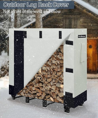 4ft Firewood Rack Cover for Wood Holder, Waterproof Wood Pile Cover for Outside, Indoor Outdoor Log Rack Cover with Buckle, Khaki, 420D Oxford Cloth (Frame not Included)