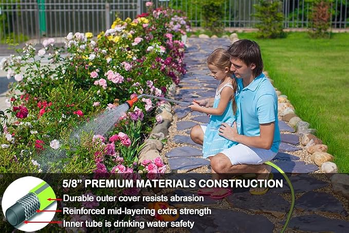 HQMPC Garden Hose 5/8"IDx50' Hose For Garden Watering Durable PVC Hybrid Hose with Swivel Handle Non Kinking Heavy Water Hose with Brass Hose Fittings (50 FEET) Light Green
