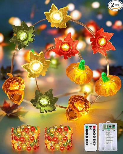2 Pack 60LED Fall Decoration 3D Pumpkin Acorn Maple Leaf String Lights Battery Operated, 20FT Fall Lights with Remote, Waterproof 8 Modes Fairy Lights for Autumn Harvest Thanksgiving Halloween Decor