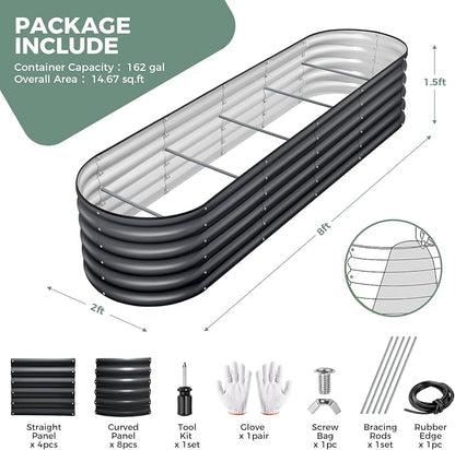 8x2x1.5ft Galvanized Raised Garden Bed Outdoor, 18'' Oval Large Metal Planter Garden Boxes for Gardening, Planting Deep Root Vegetables, Herbs, Fruits, Flower, Rustproof, Rubber Strip, Gray