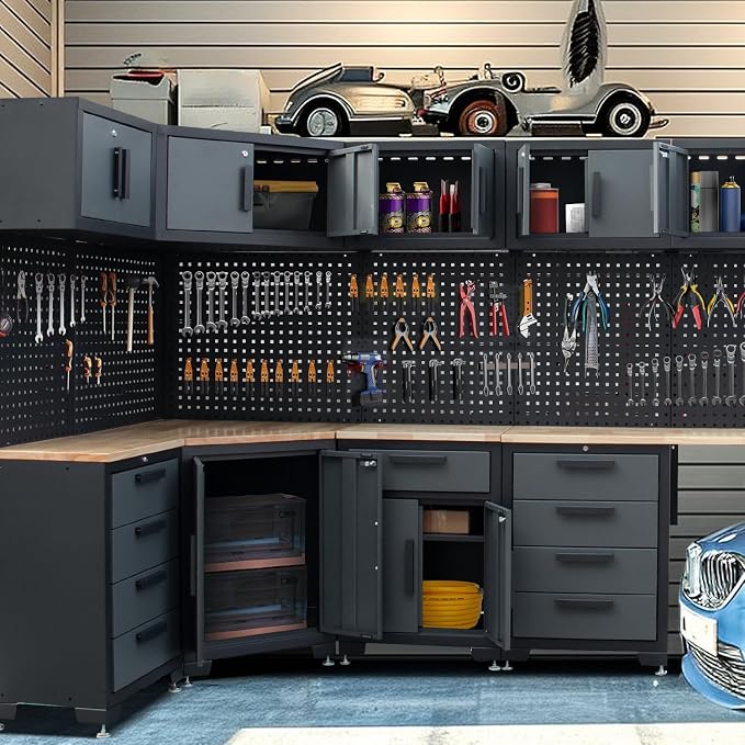 15PCS Corner Garage Storage Cabinet System, Heavy Duty Workshop Set, Corner Cabinet Includes Workbench, Pegboard & Lockable Drawers Metal Tool Organization System for Garage Workshop