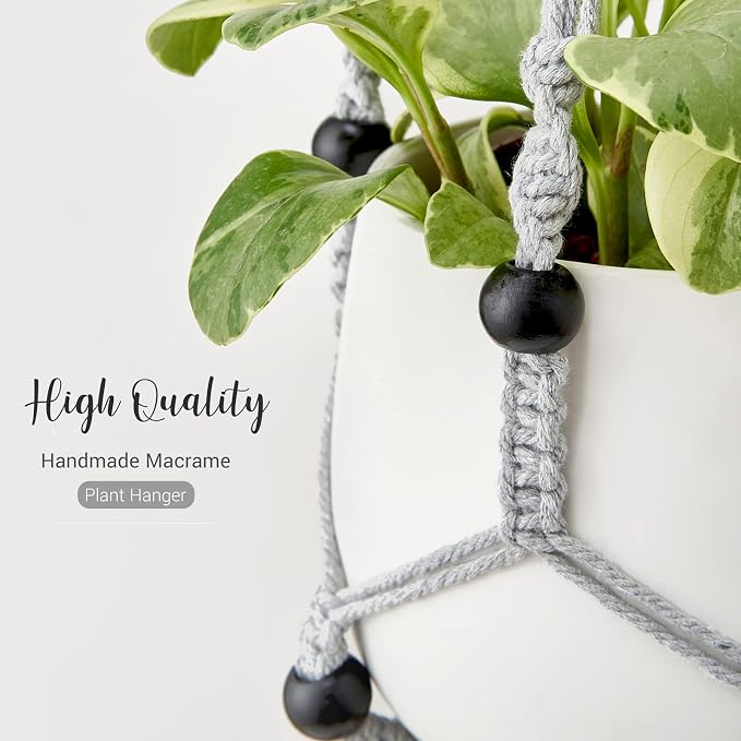Mkono Macrame Plant Hanger Indoor Hanging Planter Basket with Wood Beads Decorative Flower Pot Holder No Tassels for Indoor Outdoor Boho Home Decor 35 Inch, Grey, Set of 1 (POTS NOT Included)