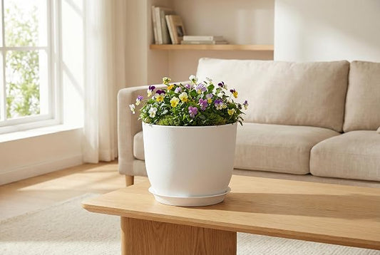 8 Inch Plant Pots Set of 4, Plastic Planters with Drainage Holes and Tray, Flower Pots for Indoor Outdoor Plants and Flowers (White)