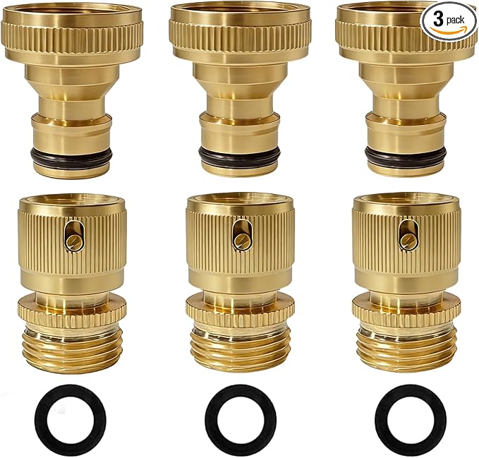 3/4 Inch GHT Solid Brass Garden Hose Quick Connect Fittings, Water Hose Connectors with Leak-Proof Seal for Outdoor Gardening and Cleaning Use (3, Gold)