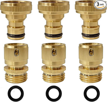 3/4 Inch GHT Solid Brass Garden Hose Quick Connect Fittings, Water Hose Connectors with Leak-Proof Seal for Outdoor Gardening and Cleaning Use (3, Gold)