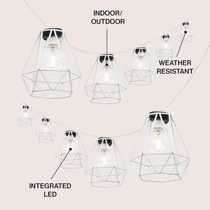 JONATHAN Y 10' White LED String Lights, 10-Light Indoor/Outdoor Set for Patio Deck, Modern Iron Diamond Cage Shade, Weather-Resistant, Connectable, UL Listed (JYL8705B)
