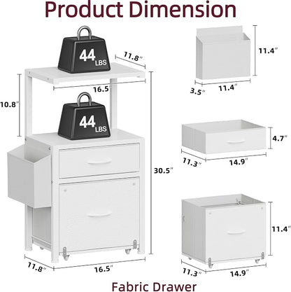 HIGDBFE 2-Drawer File Cabinet with Printer Stand & Dual Shelves, White | 2-Tier Printer Storage, Letter File Drawer, Reversible Side Bag, Smooth Drawer Slides, Rolling Support Board
