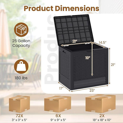 Tangkula 25 Gallon Waterproof Outdoor Storage Box with Lockable Lid | PP Resin, Wicker Patterned, Indoor Outdoor Use, Portable, Versatility, for Deck, Pool, Patio Cushions, Garden Tools