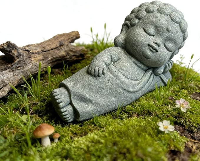 livelyfish Sleeping Buddha Statue Sandstone Buddha Figurine Zen Buddhism Sculpture for Aquarium Fish Tank Garden Home Decor (S)