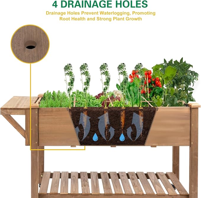 Gowoodhut Raised Garden Bed with Wheels, Wood Elevated Garden Box with W-Connection Tabs，for Vegetable, Flower, Herb, Large Storage Shelf, Easy to Assemble, 55.5x24x32in