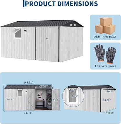 Garvee 10 x 12 FT Heavy-Duty Metal Outdoor Storage Shed with Motion Sensor Solar Light and Window,Pegboard Tool Organizer, Lockable Doors and 4 Air Vents, Garden Shed for Patio, Garage, Backyard