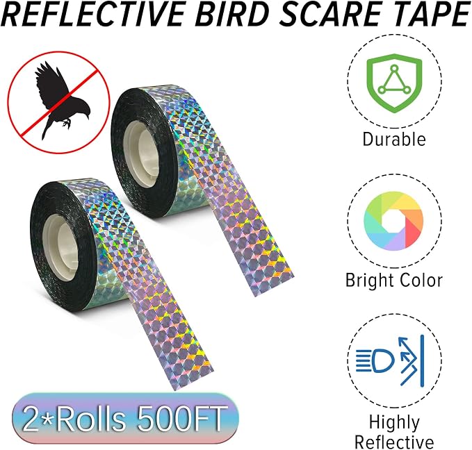 MP Mypole Bird Scare Tape - 2 x 500ft Reflective Flash Tape for Birds, Woodpeckers, Outdoor, House, Garden, Patio, Orchard