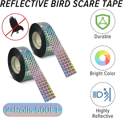 MP Mypole Bird Scare Tape - 2 x 500ft Reflective Flash Tape for Birds, Woodpeckers, Outdoor, House, Garden, Patio, Orchard