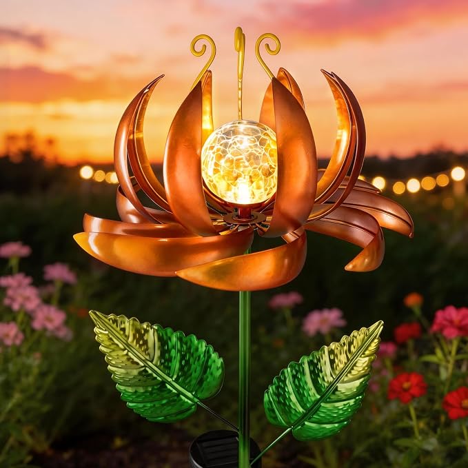 Solar Yard Lights Wind Spinners- Metal Lotus Flower Garden Decor LED Crackle Glass Globe Yard Art Sculpture Solar Stake Lights for Patio Pathway Lawn Walkway (Yellow-Large)